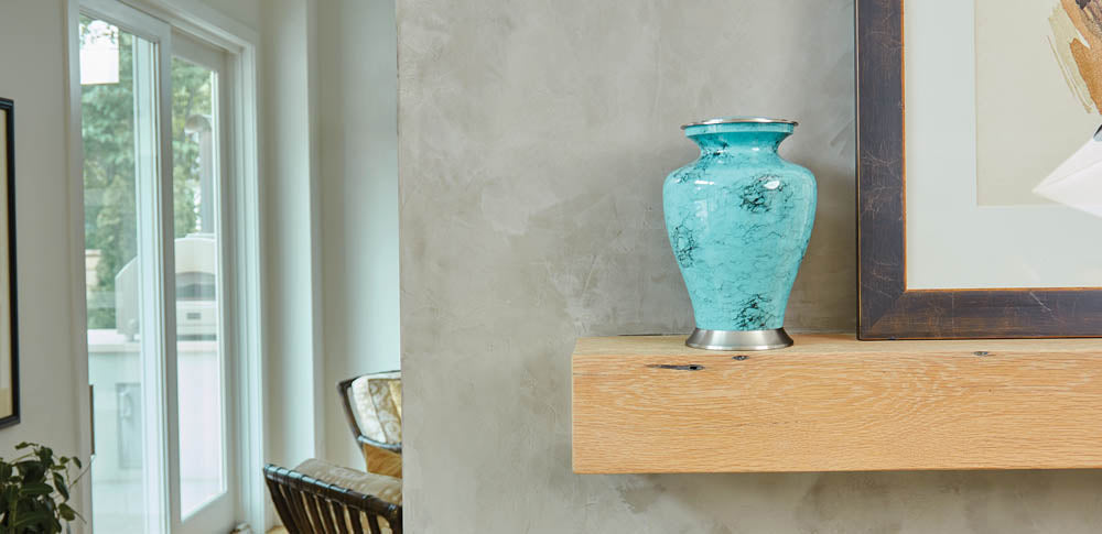 turquoise urn on mantel