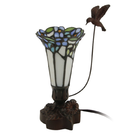 Tiffany styled cremation keepsake lamp that resembles a hummingbird feeding from a flower, with white and blue tones.