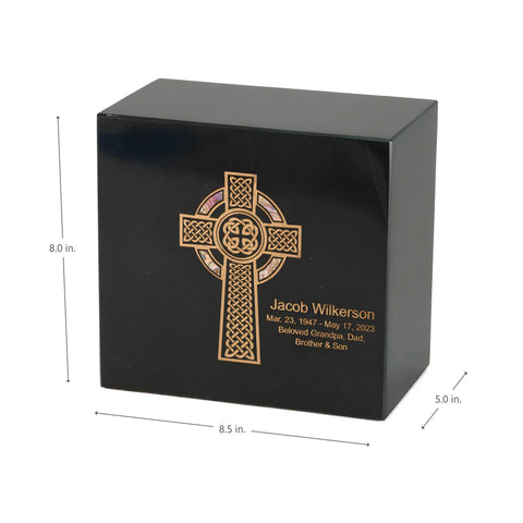 Keystone Black Marble Cremation Urn With Celtic Cross + Precious Pink Inlay