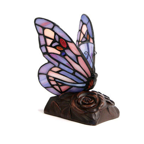 Intricately detailed pink and purple stained glass butterfly lamp with keepsake compartment for cremation ashes.