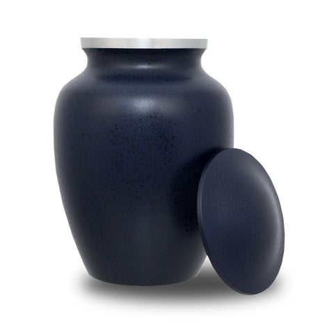 Medium size urn for cremation ashes up to eighty five cubic inches with dark blue mottled two-tone finish.