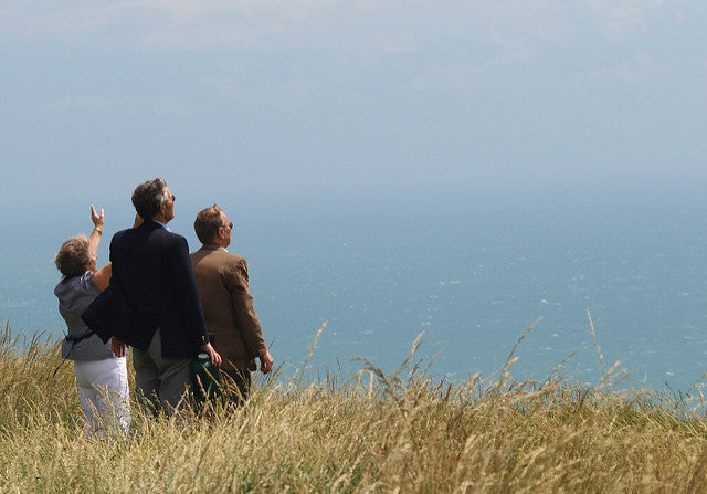 A woman and two men in dress attire standing on a grassy cliff overlooking the ocean.