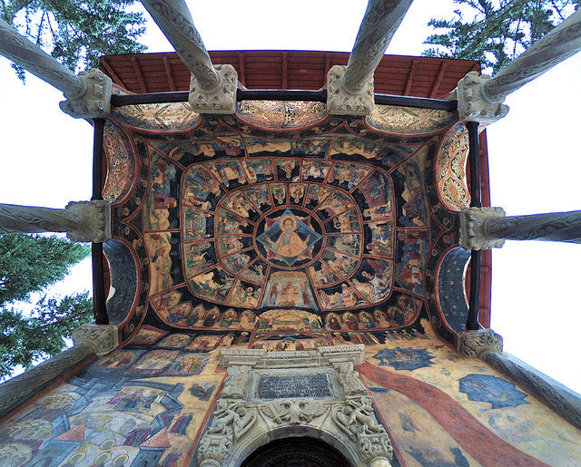 View of an intricately painted ceiling at Sinaia Monastery, Romania.e world. Part I of II.