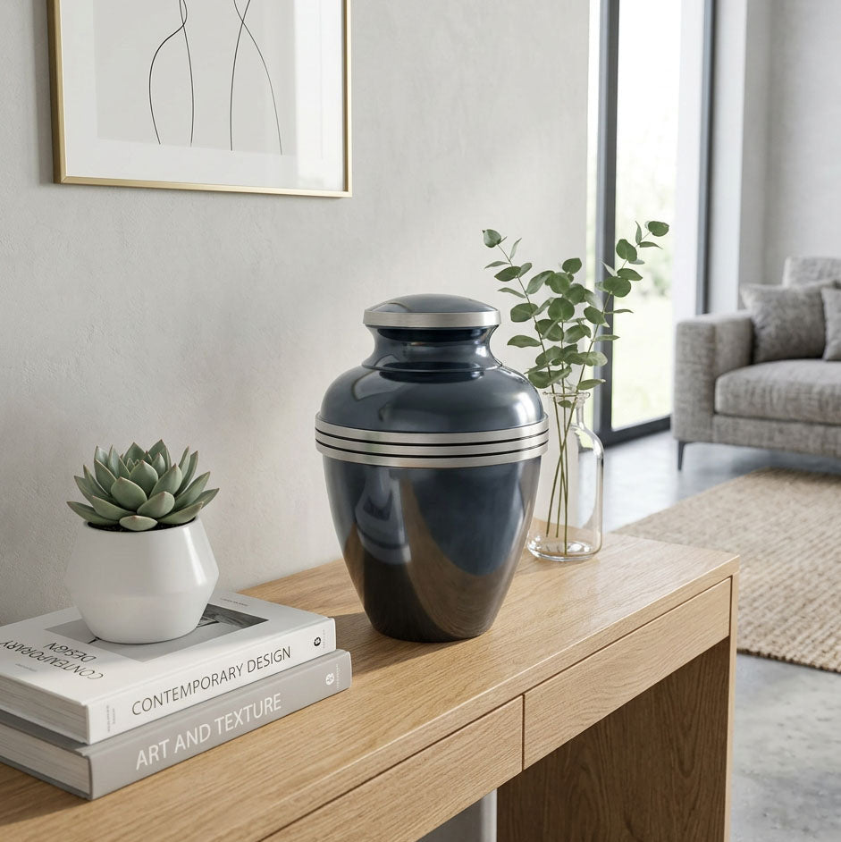 Metal metallic blue banded cremation urn in large in a home decor setting.