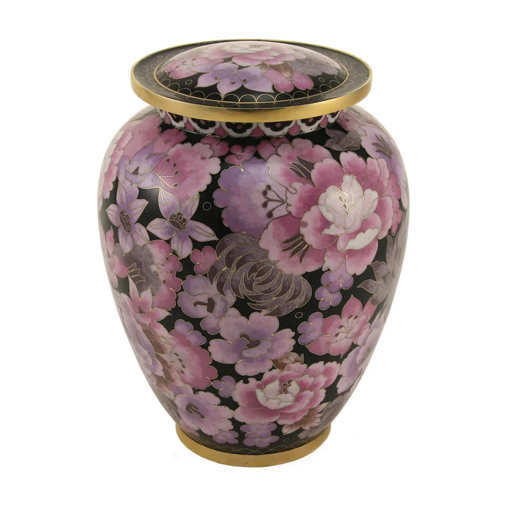 Cloisonne pink blush urn with gold accents main image.
