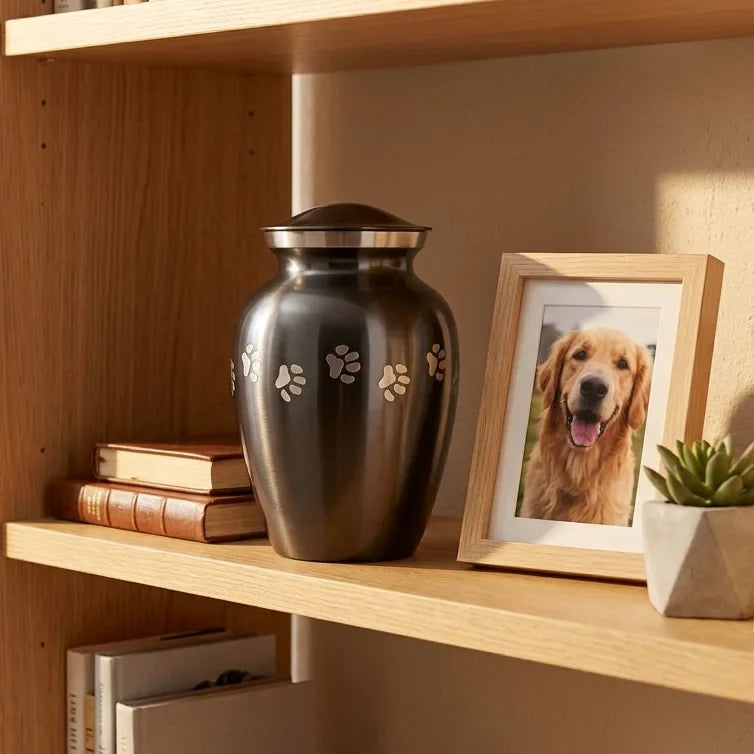 A dark metallic pet memorial urn with engraved paw prints sits on a wooden shelf next to a framed photo of a golden retriever dog.