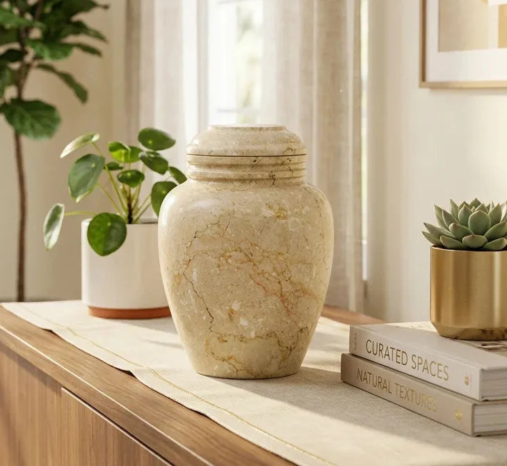 A soft beige marble urn with a lid sits on a wooden console table in a bright, modern room. 