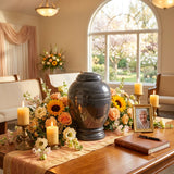 Modern, round black natural marble urn in a funeral service setting.