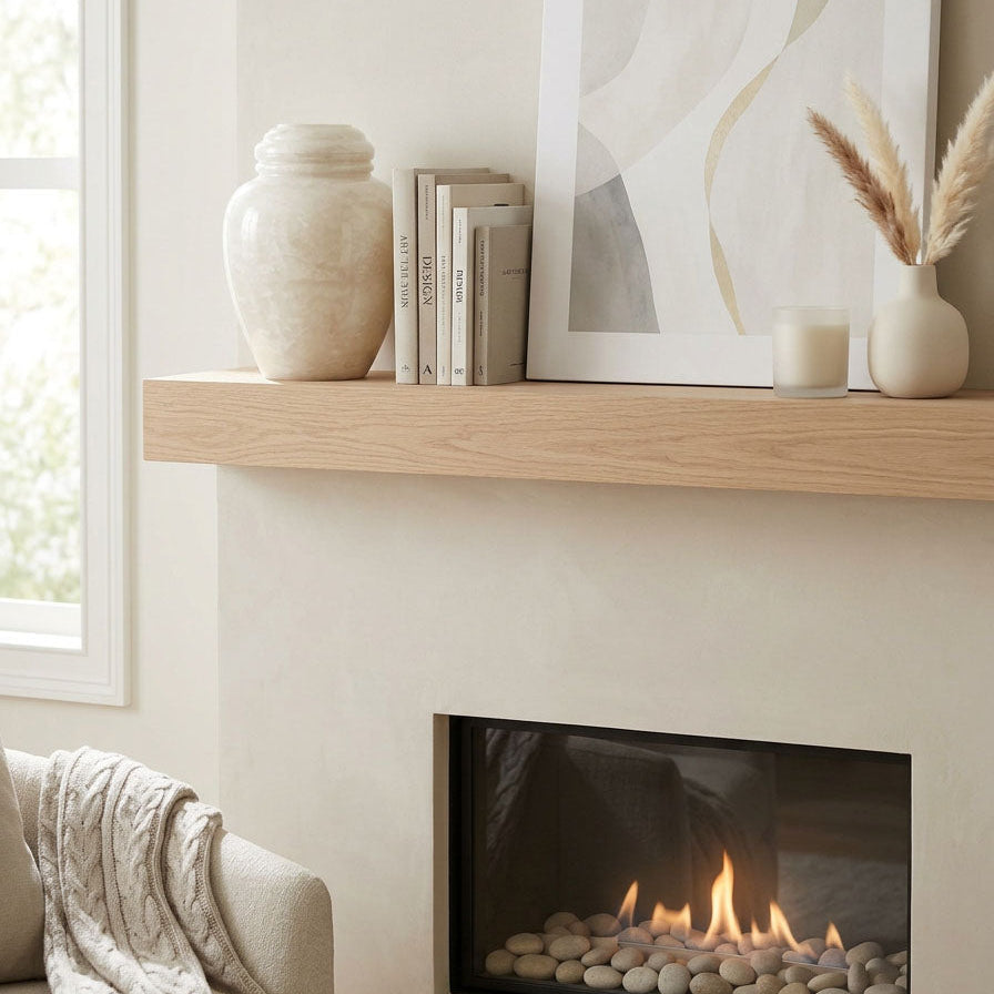 Natural pearl white marble cremation urn in a home decor setting above a fireplace.