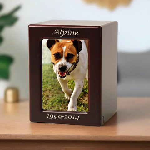 Photo box urn for pet ashes with a cherry finish over MDF, featuring engraving on the box above and below the picture.