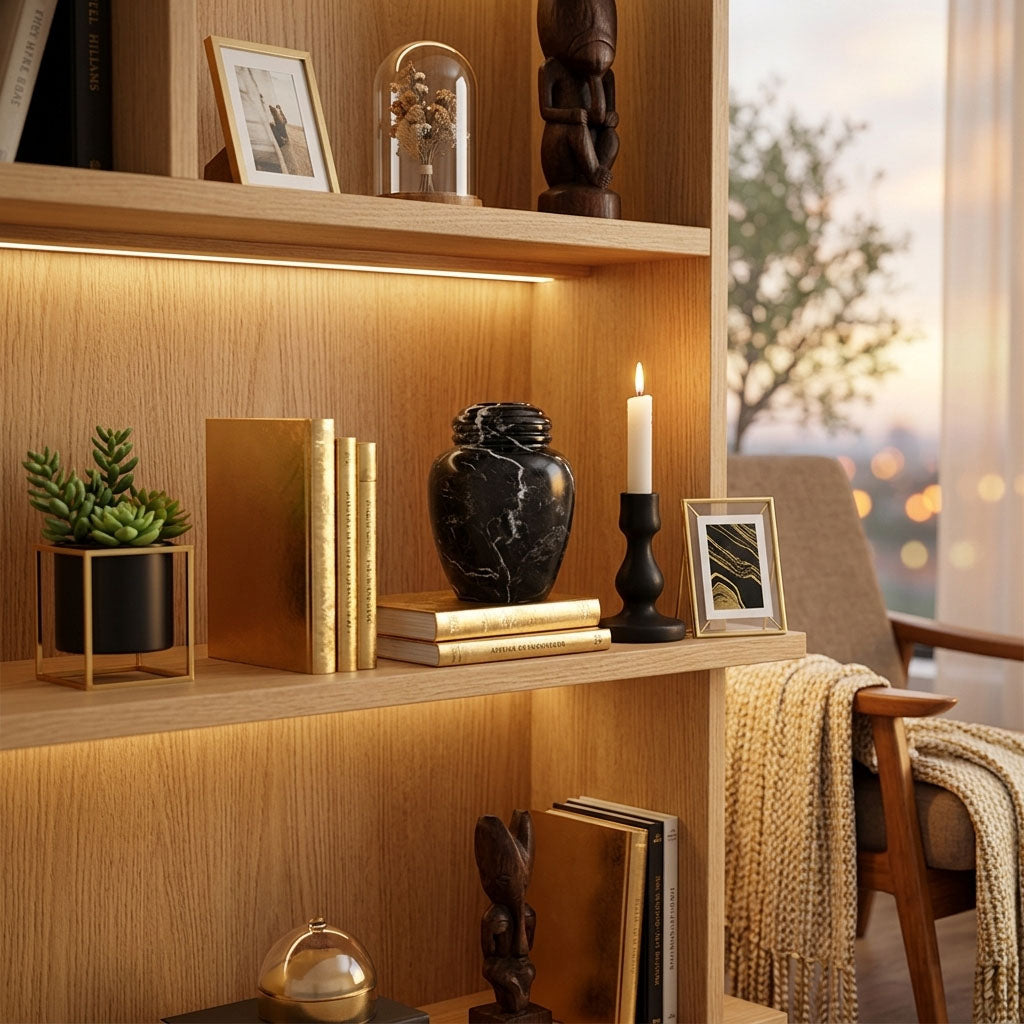 Natural extra small black marble urn with white veining in a home decor setting on a bookshelf.