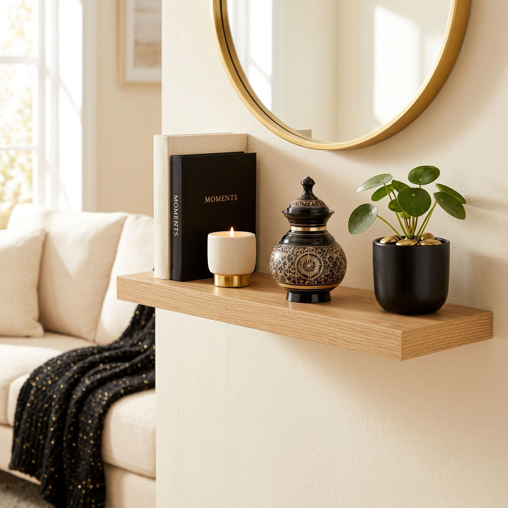 Extra small black metal urn with bronze etching in a home decor setting.