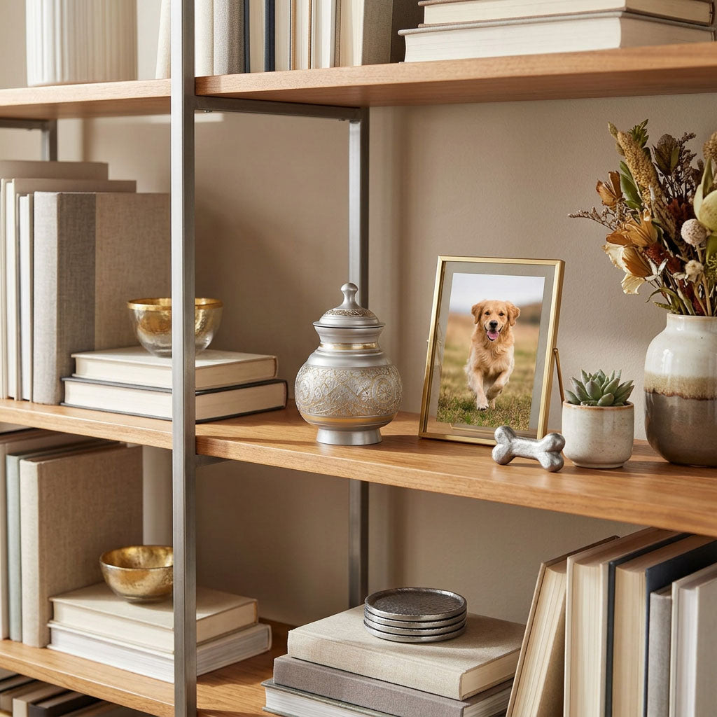 Extra small brass pet urn in a shimmery pewter finish featuring a golden etched design in a home decor setting. 