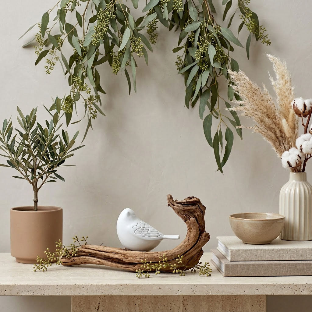 Pearl songbird cremation keepsake in a home decor setting on a table.