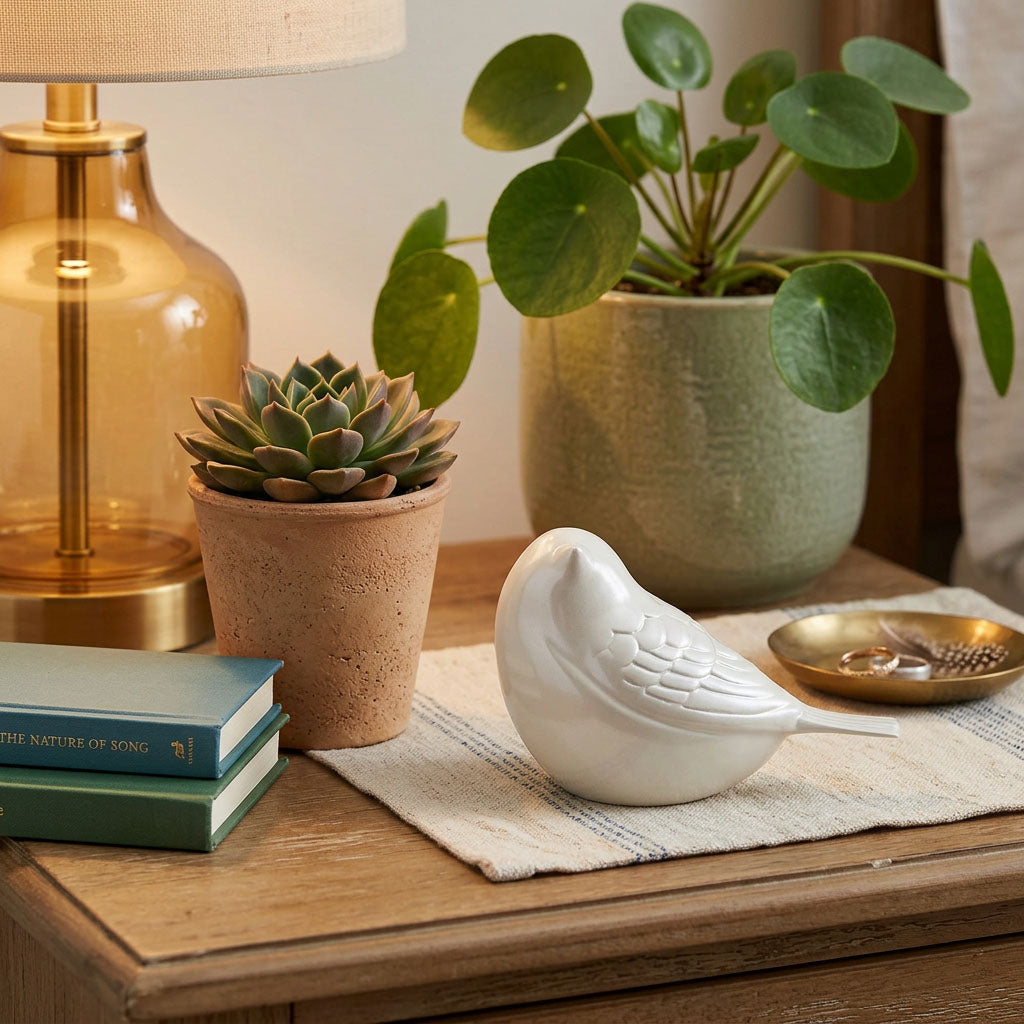 Pearl songbird cremation keepsake in a home decor setting on a nightstand next to plants.