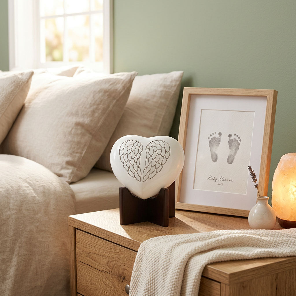 Pearl white infant metal heart cremation urn featuring hand etched angel wings in a home decor setting. 