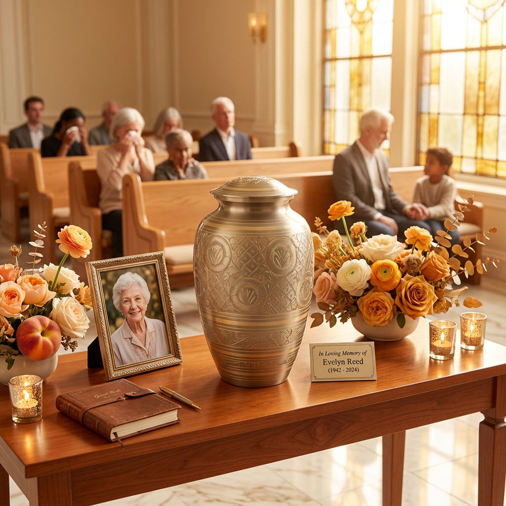 Classic cremation urn in pewter with hand etched brass floral motif in a funeral service setting.