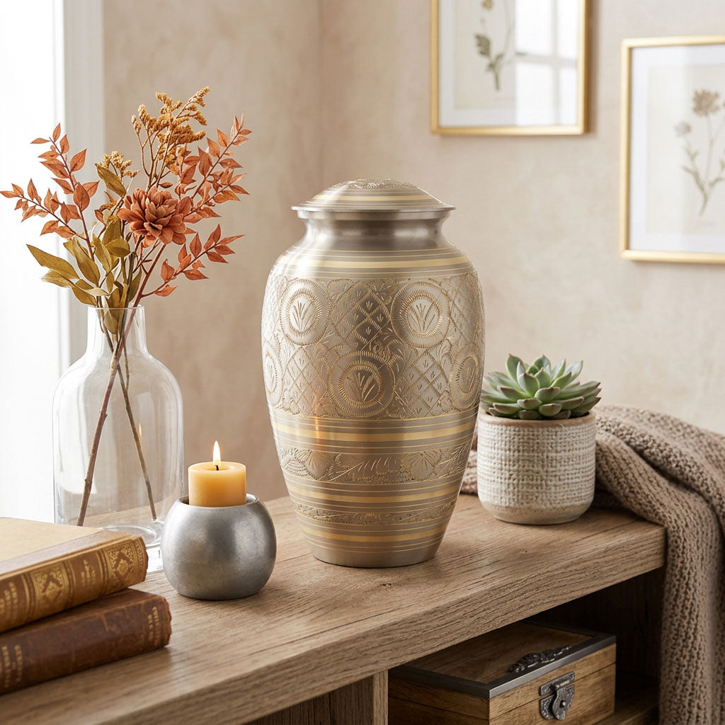 Traditional brass cremation urn in silver with hand etched gold floral motif in a home decor setting.