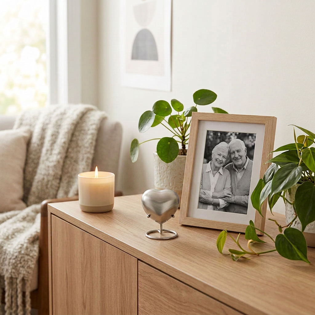 Metal pewter heart-shaped memorial keepsake, displayed on a stand, in a home decor setting. 