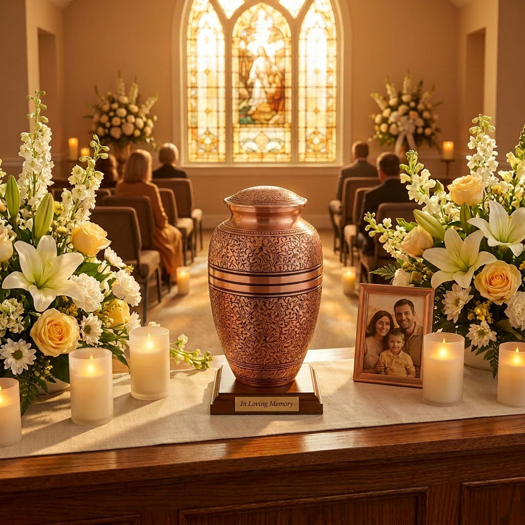 Classic brass urn with a polished copper finish featuring a hand etched leaf design in a funeral service setting.