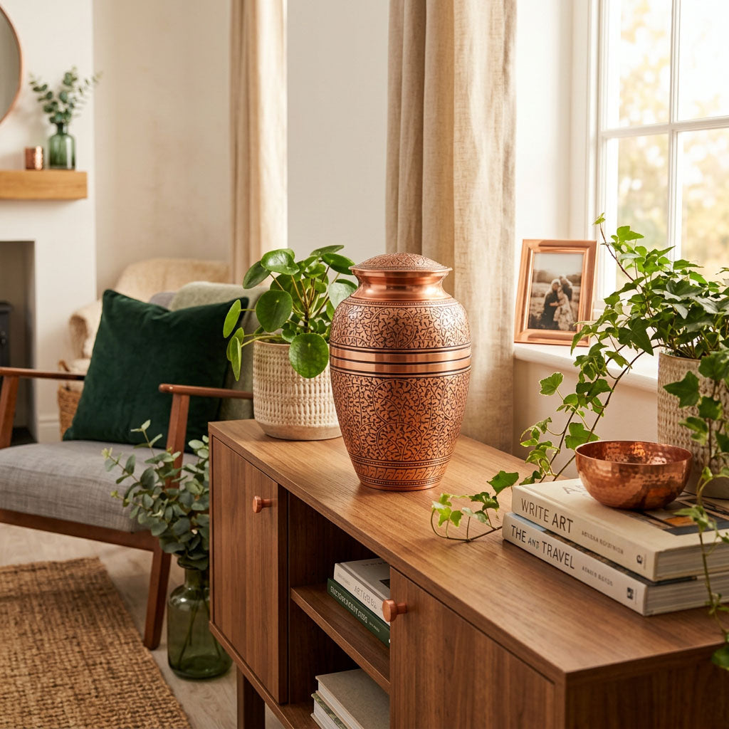 Traditional brass urn with a polished copper finish featuring an elegant etched leaf design in a home decor setting.