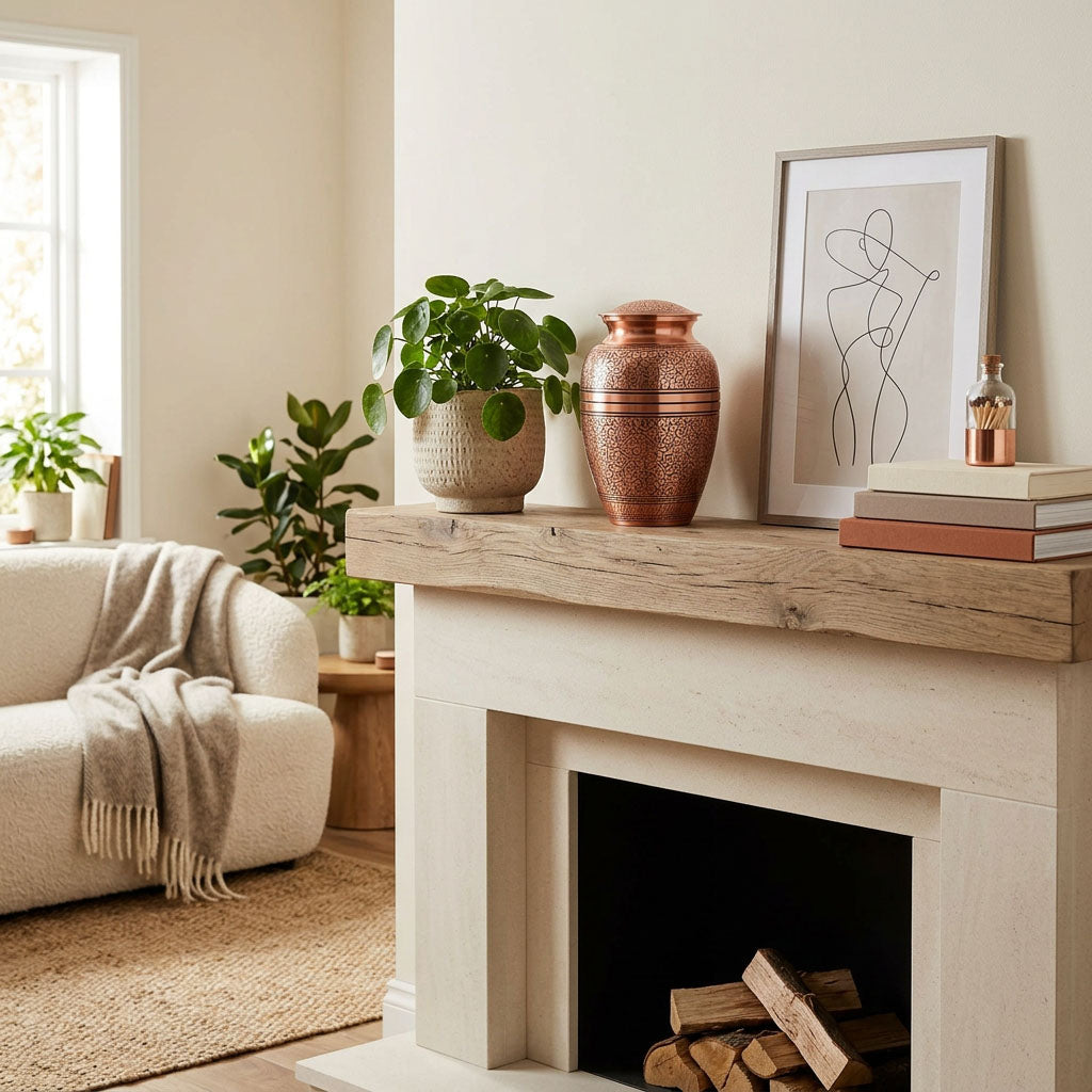 Traditional metal urn with a polished copper finish featuring an elegant etched leaf design above a fireplace.