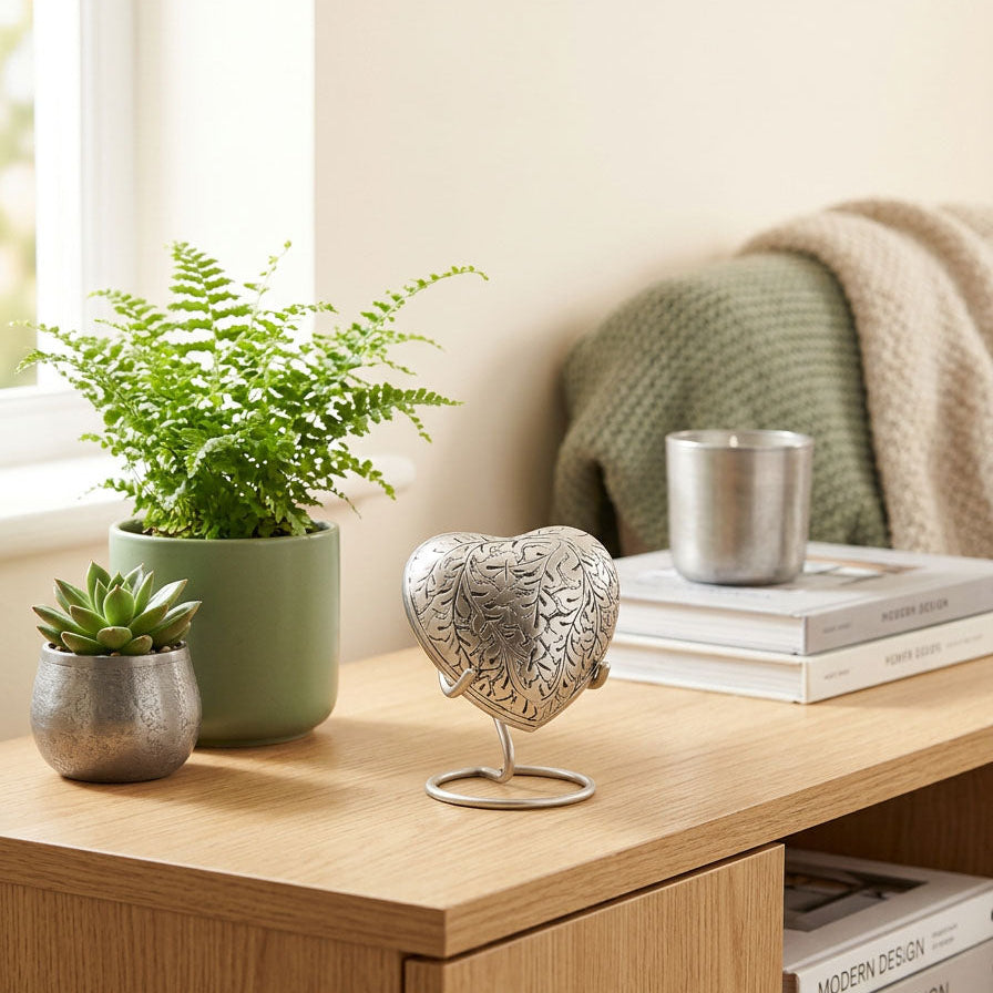 Brass heart keepsake urn in a silver finish featuring an etched leave pattern in a heart stand in a home decor setting.
