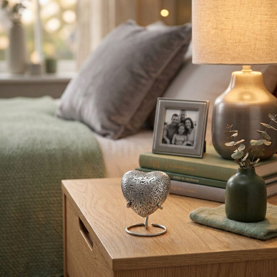 Metal heart-shaped memorial keepsake in a high gloss pewter finish featuring etched leaves in a heart stand in a home decor setting.