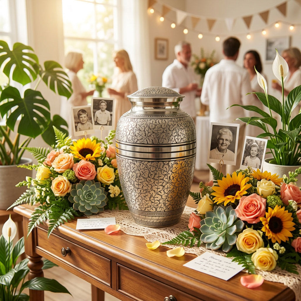 Classic Brass Cremation Urn with a polished pewter finish featuring an etched leaf design in a celebration of life setting.