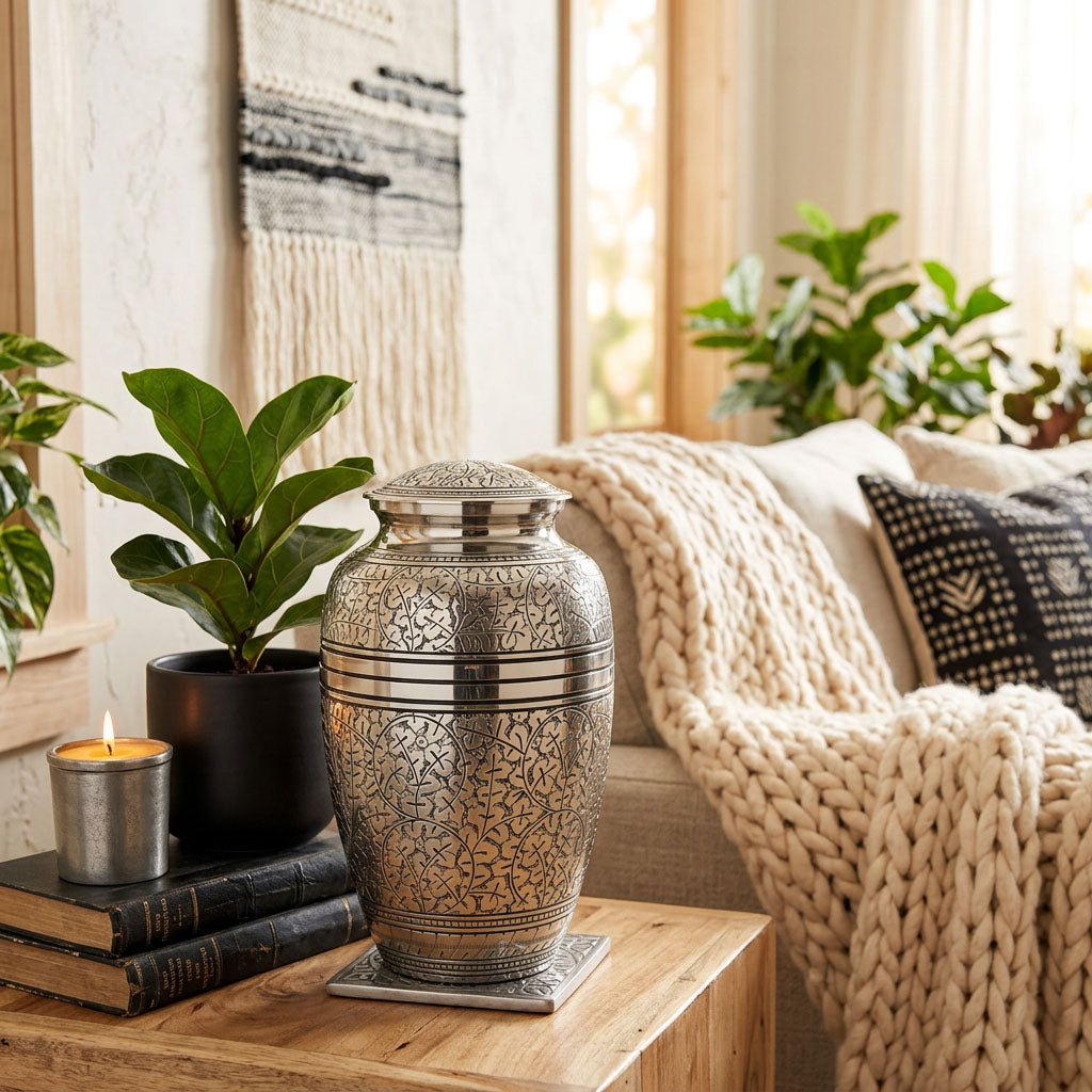Traditional Brass Cremation Urn with a polished pewter finish featuring an etched leaf design in a home decor setting.