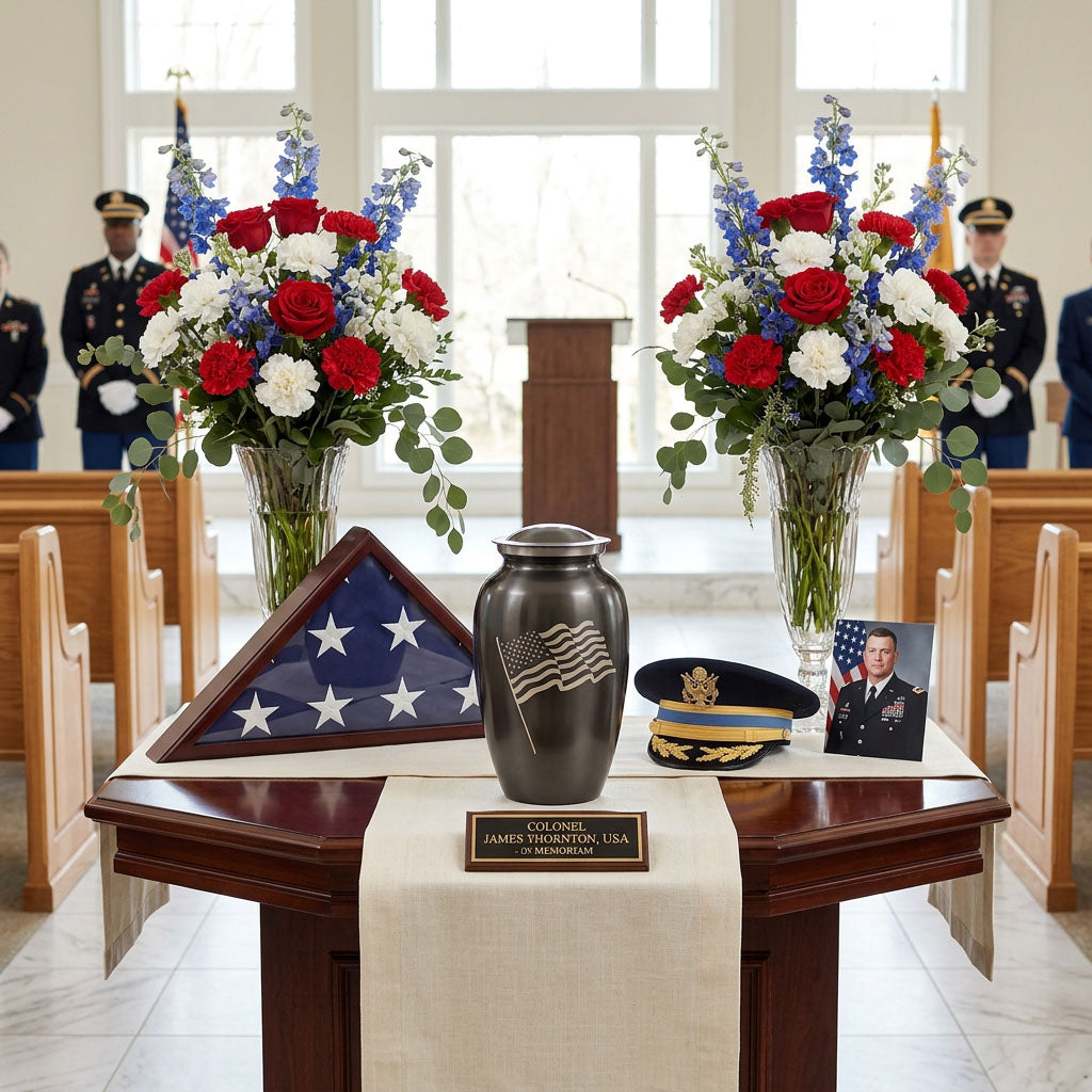Metal cremation urn in a slate grey finish featuring a pewter American waving flag in a funeral service setting.