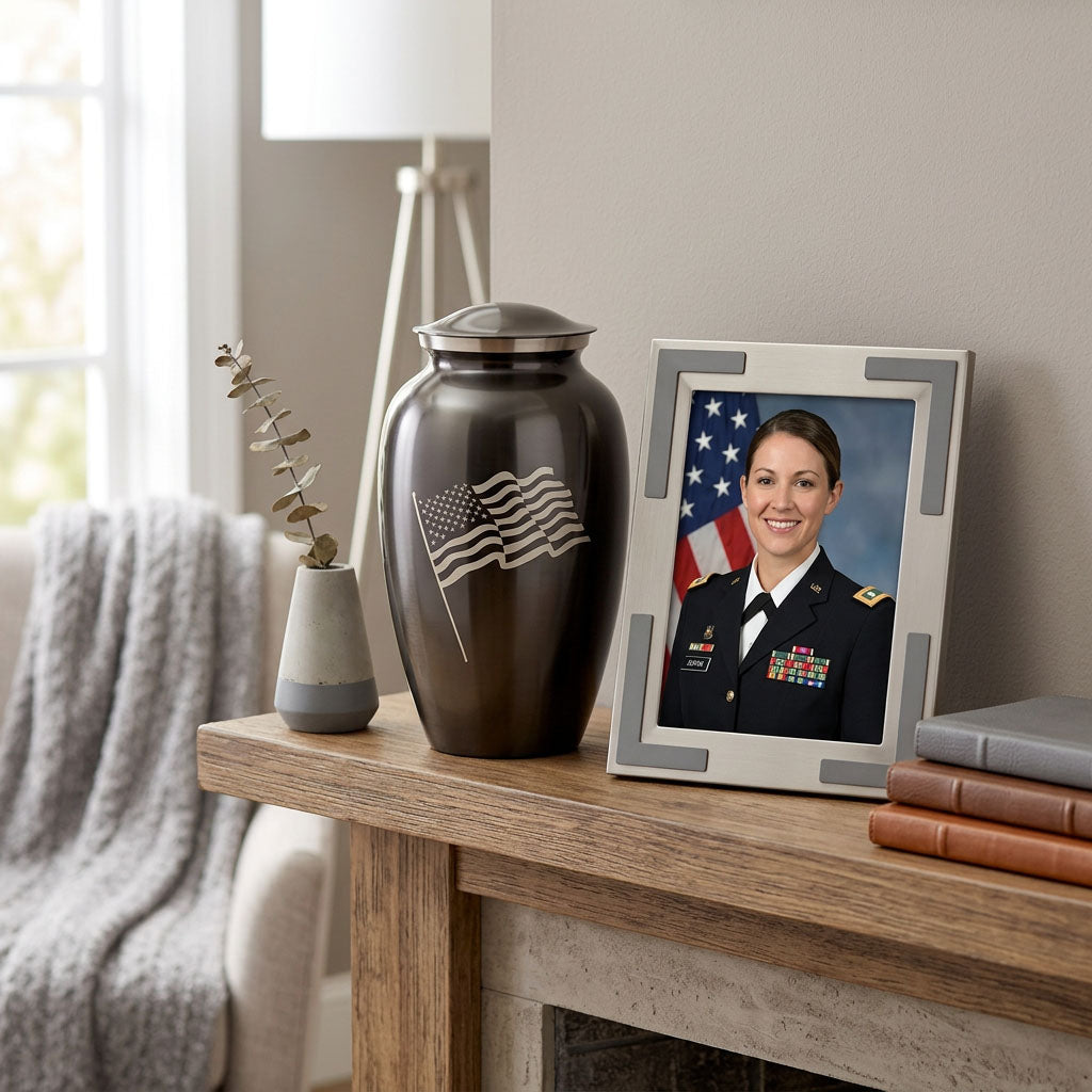 Metal cremation urn in a slate grey finish featuring a pewter American waving flag in a home decor setting.