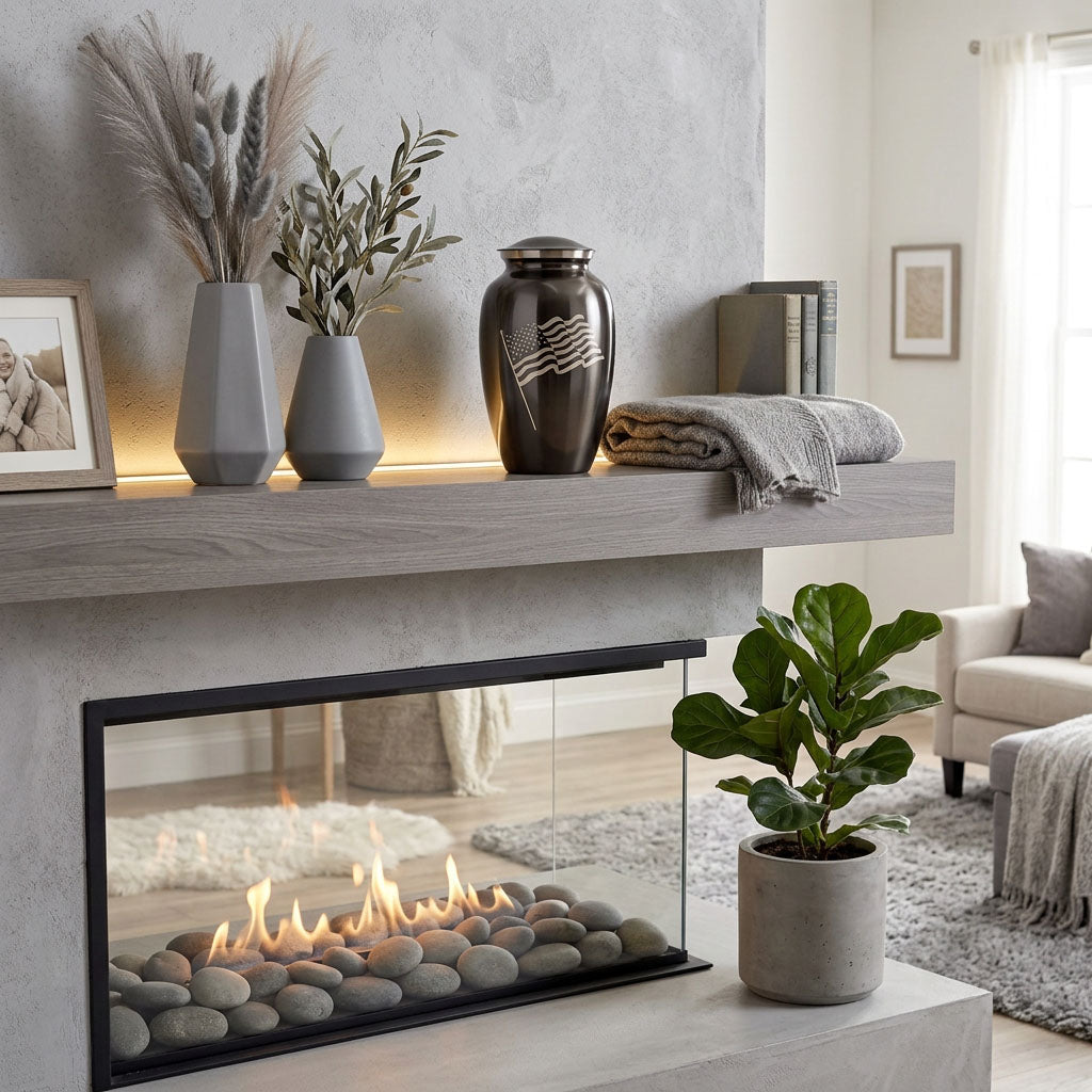Metal cremation urn in a slate grey finish featuring a pewter American waving flag above a fireplace.