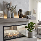 Metal cremation urn in a slate grey finish featuring a pewter American waving flag above a fireplace.