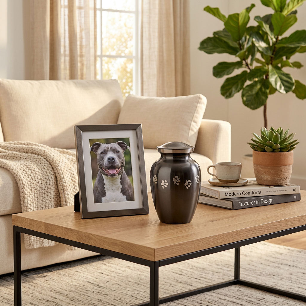 Slate grey pet urn with etched pewter paw prints wrapping around the urn in a home decor setting.