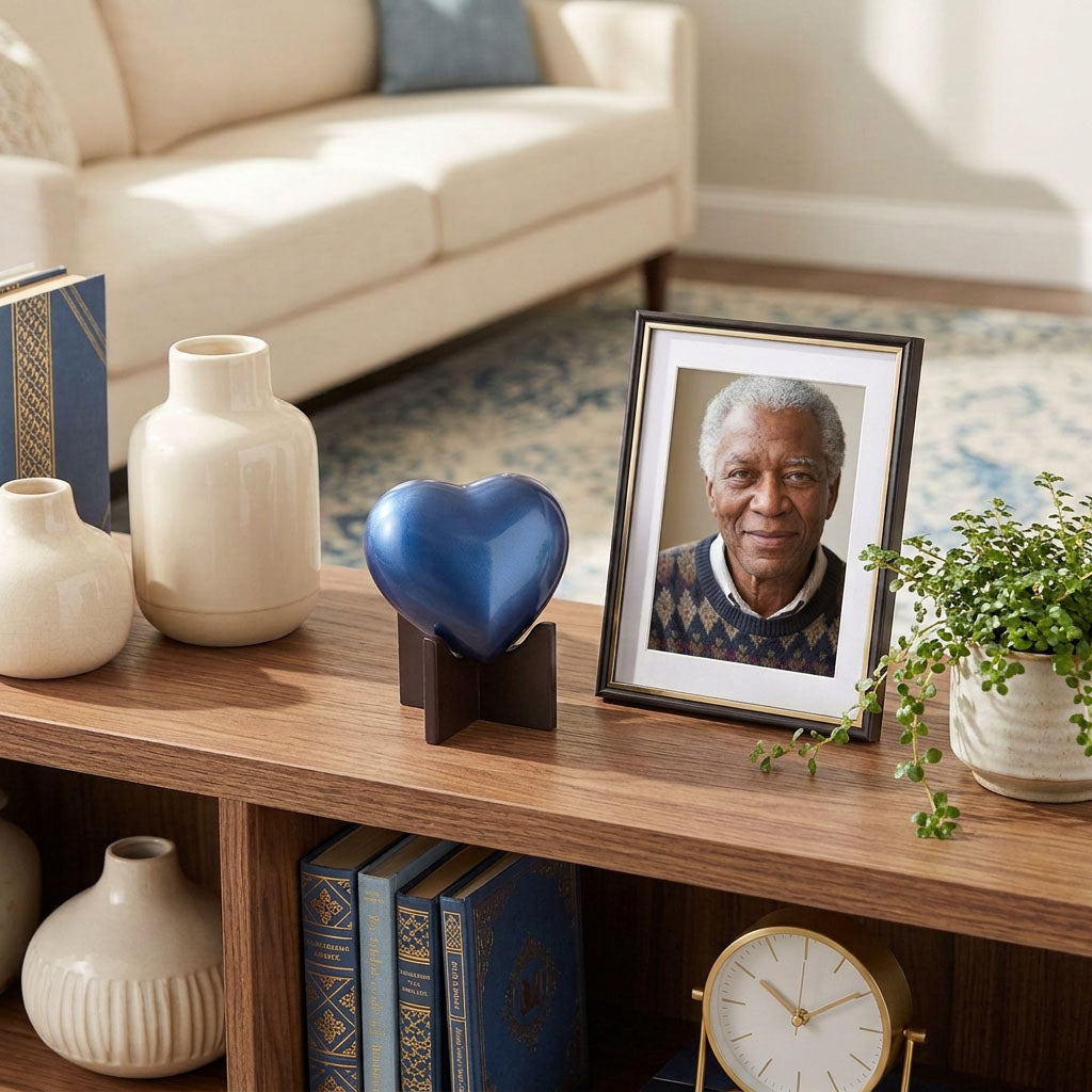 Metal heart cremation urn with a shimmery sky blue finish displayed with stand in a home decor setting.