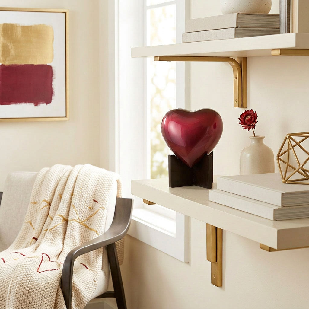 Ruby red metal heart cremation urn keepsake with stand in a home decor setting.