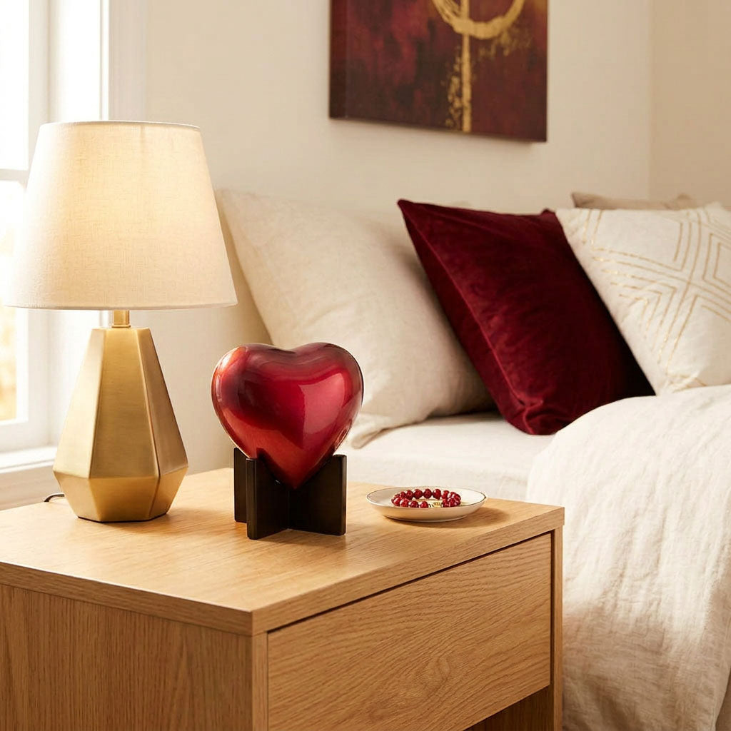 Brass heart keepsake in a shimmery red finish with heart stand in a home decor setting.