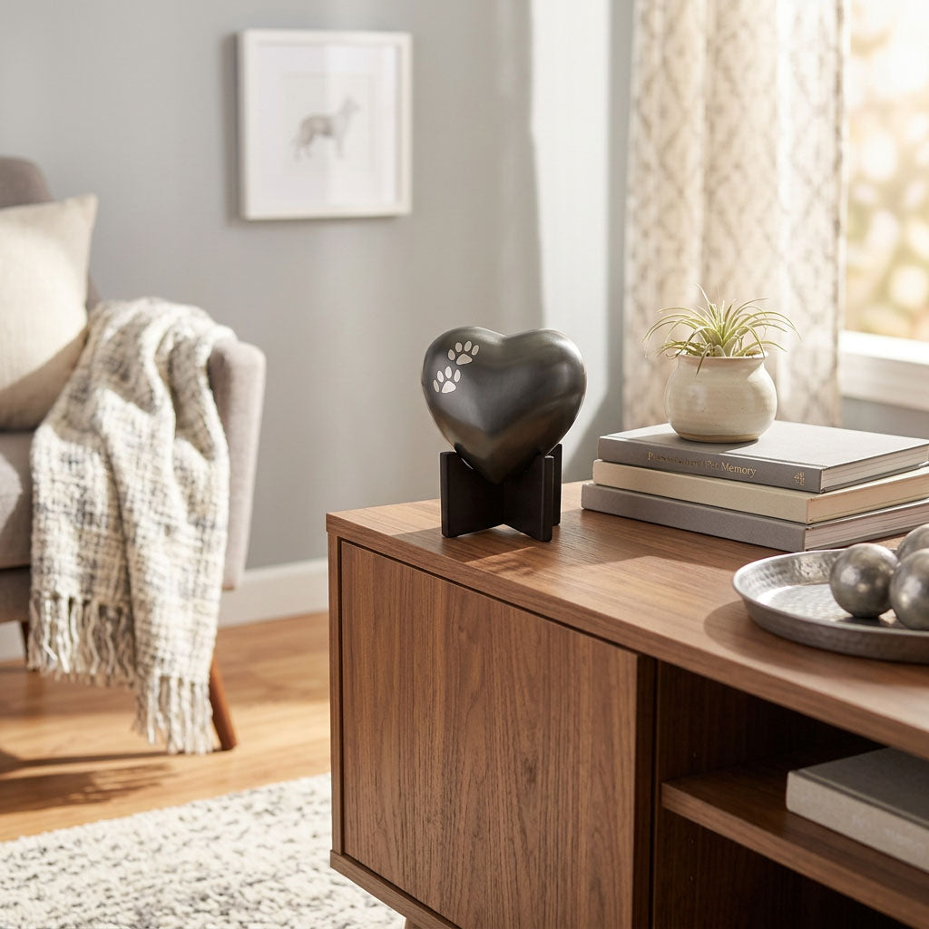 Slate heart pet urn featuring two pewter paw prints in a home decor setting.