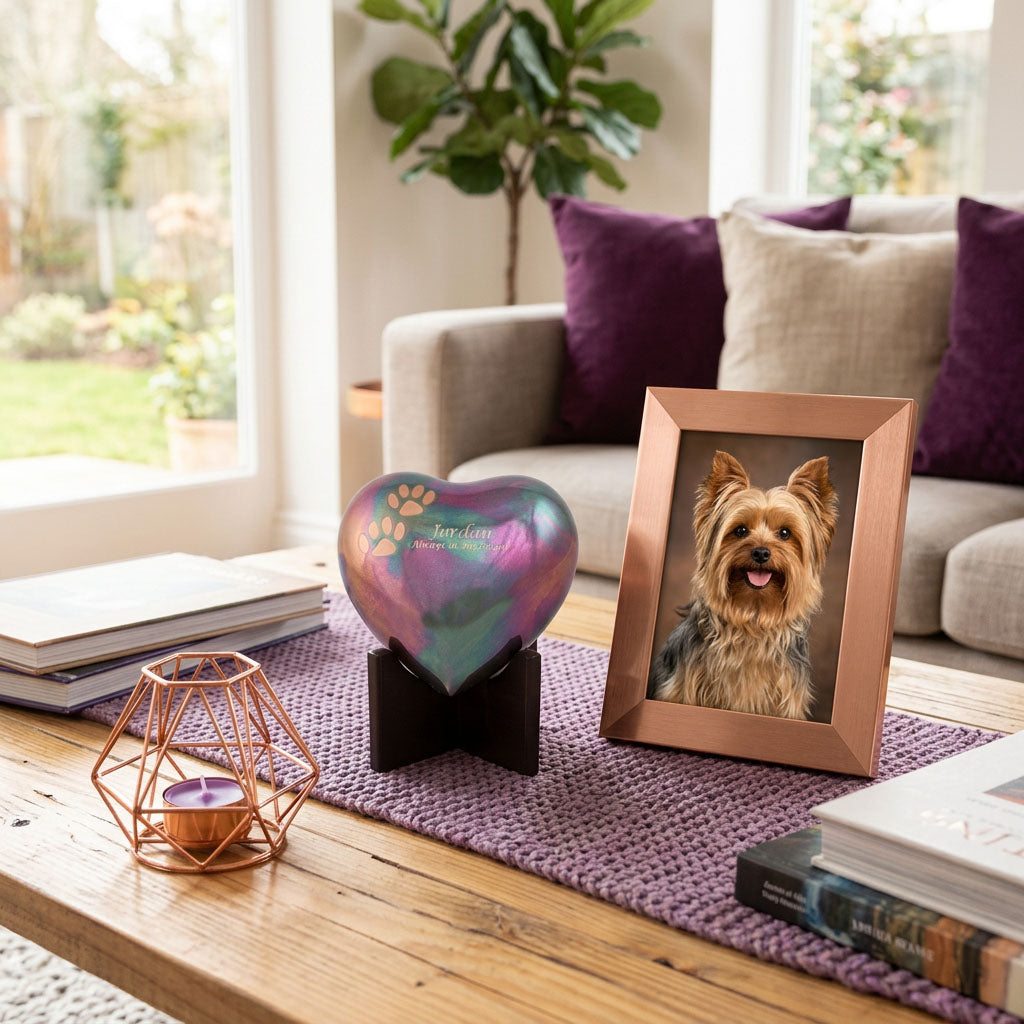 Raku heart for cremation ashes with beautiful green, pink, and purple shimmering finish with copper paw prints on a heart stand in a home decor setting on a coffee table.