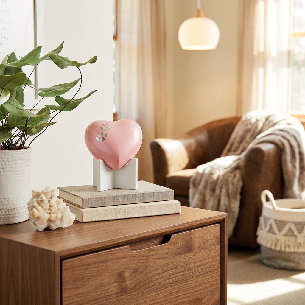 Pearl pink metal heart pet urn featuring two pewter paw prints in a home decor setting.