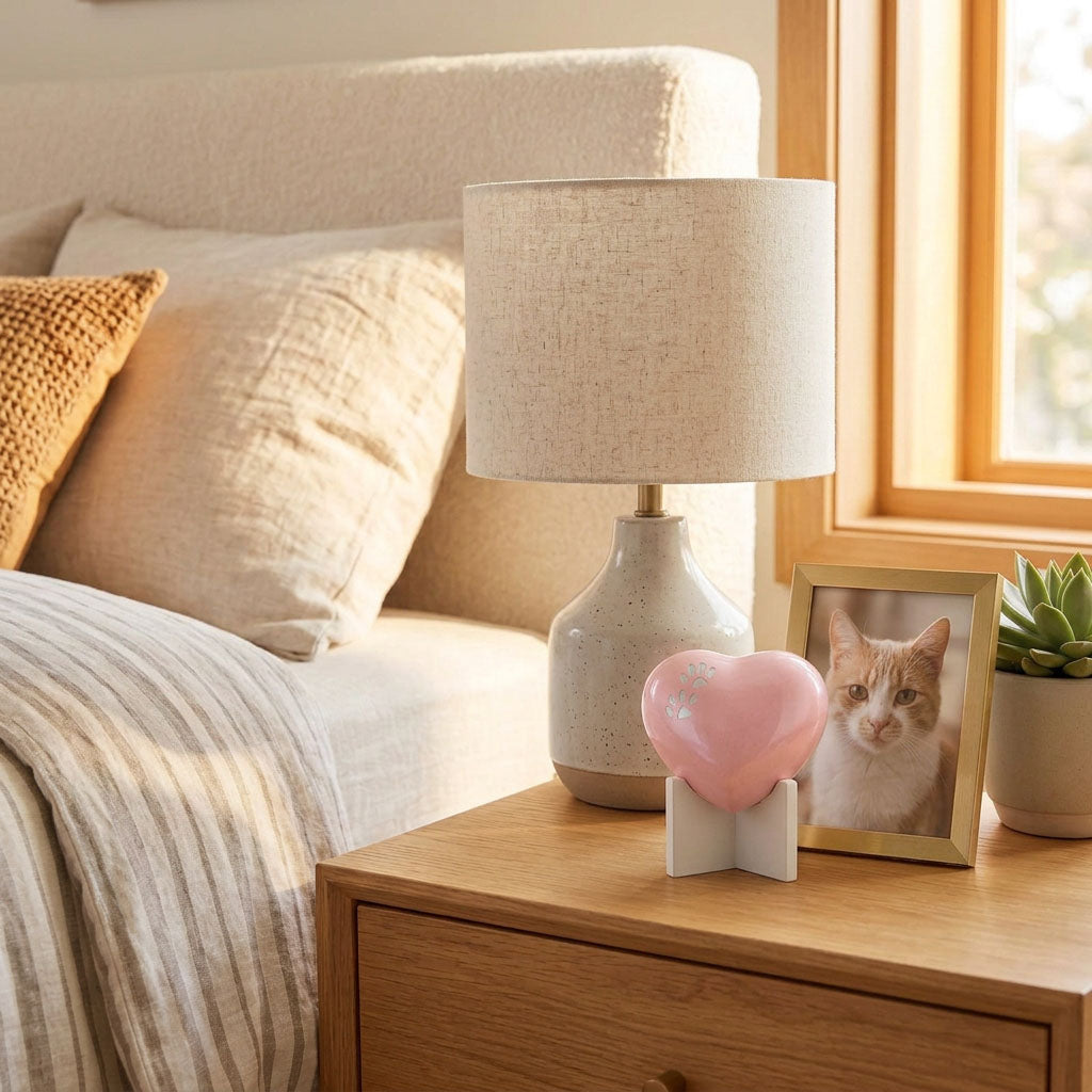 Pink heart cat urn with two silver paw prints in a home decor setting.