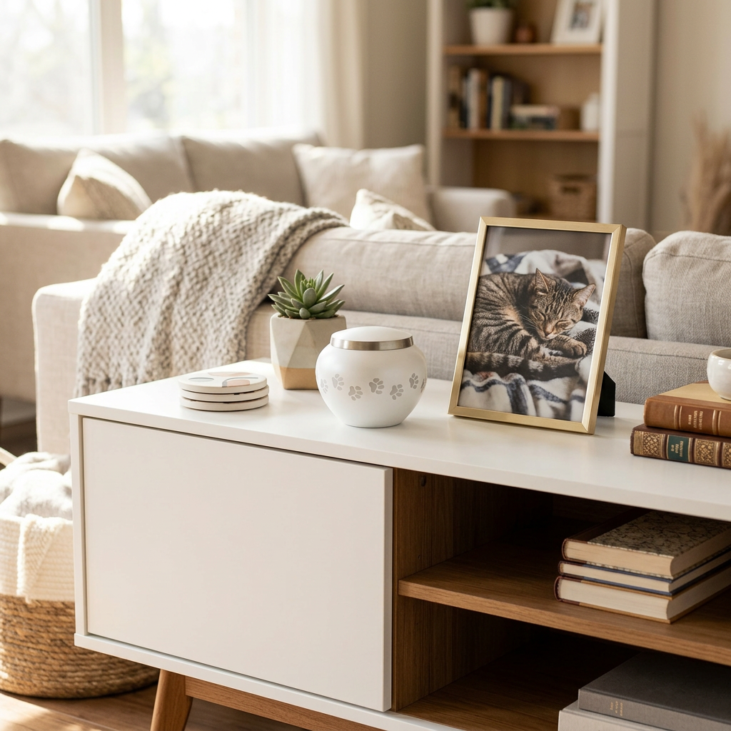 Brass pet cremation urn in a shimmery pearl finish featuring paw prints in a hone decor setting.
