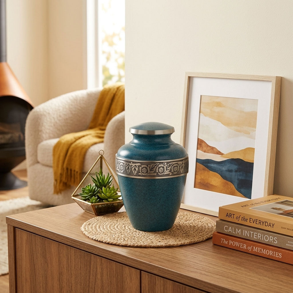 Metal cremation urn in blue with pewter floral etched band in a home decor setting.