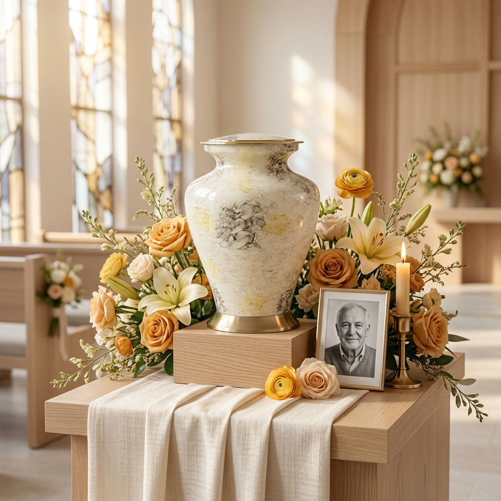 Aluminum and brass cremation urn featuring a cream, black, and tan marbleized finish with brushed brass accents in a funeral service setting.