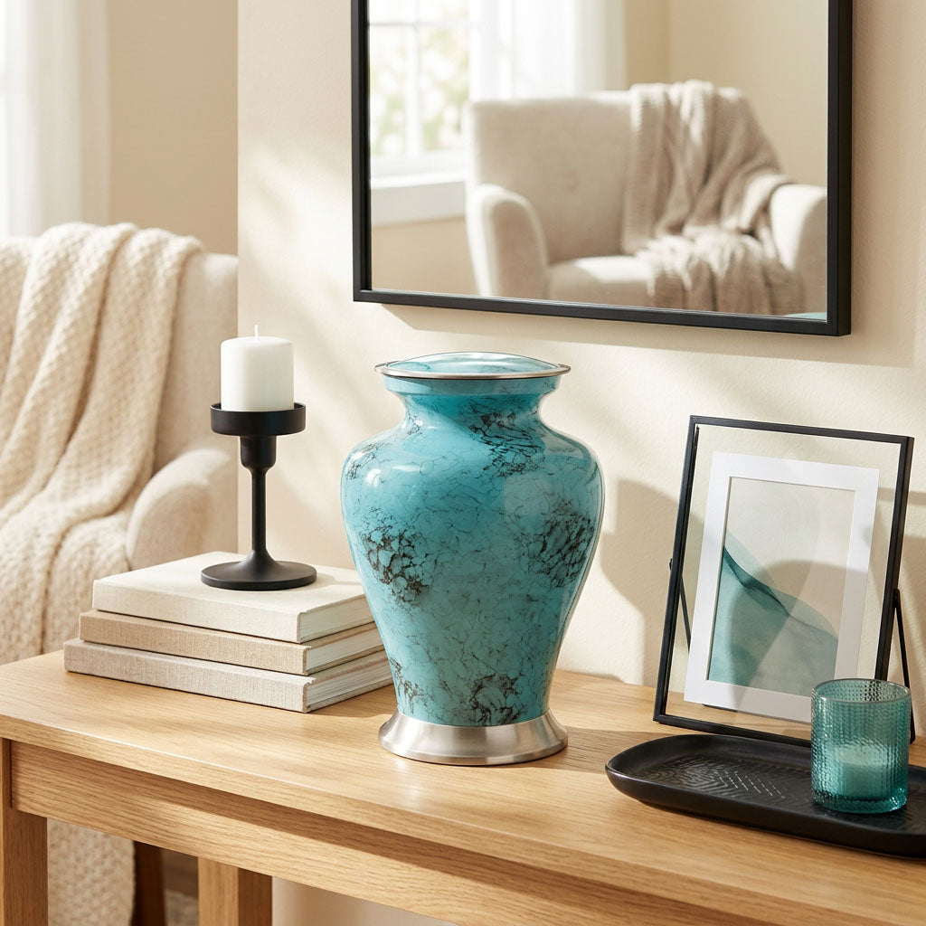 Metal urn with blue and black marbleized finish and pewter accents in a home decor setting.