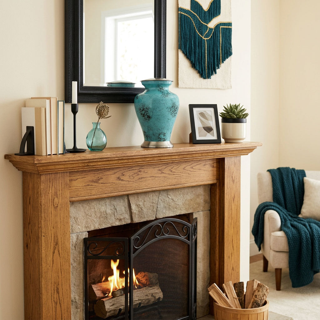 Metal urn with blue and black marbleized finish and pewter accents in a home decor setting above a fireplace