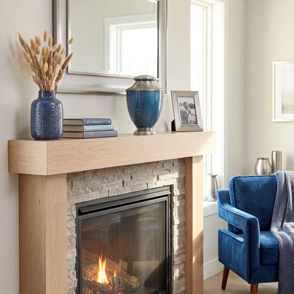 Aluminum cremation urn with pewter-plated brass lid and base featuring a glossy indigo finish and floral pewter band above a fireplace.