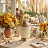 Aluminum and brass memorial urn featuring a pearl white finish, bronze accents, and a floral band in a celebration of life setting.