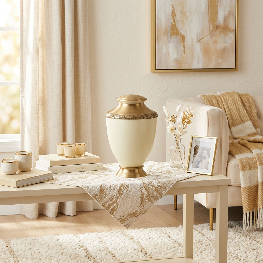 Metal cremation urn featuring a shimmery pearl white finish, gold accents, and a floral band in a home decor setting.
